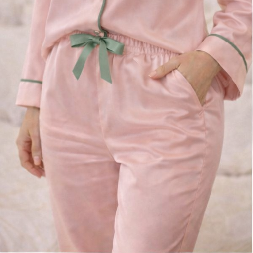 Blush pink luxury TENCEL™ pyjama set with sage trim, relaxed tailored silhouette – women’s loungewear