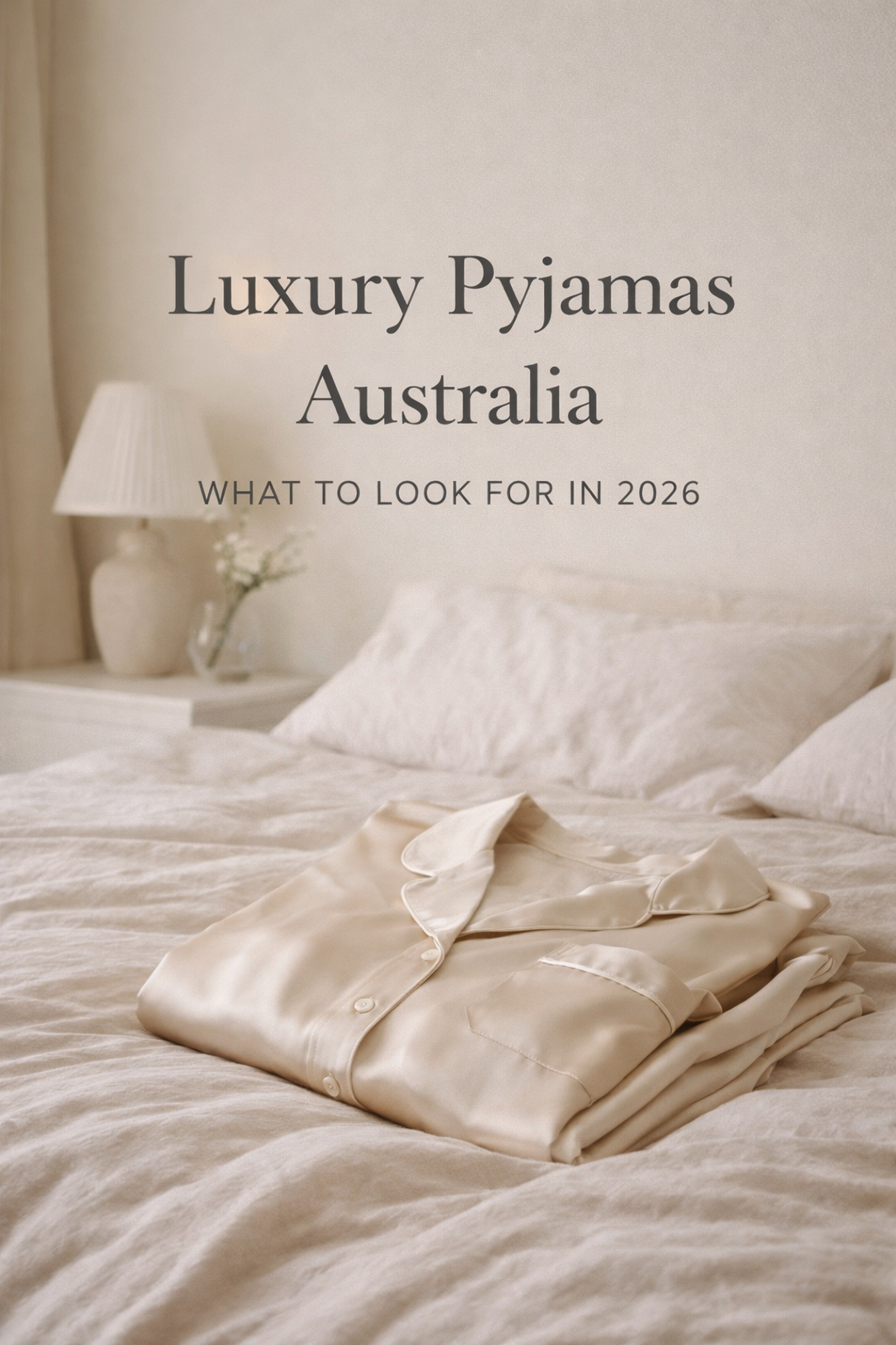 Luxury satin pyjamas folded on a soft neutral bed in a calm bedroom setting, representing premium sleepwear in Australia