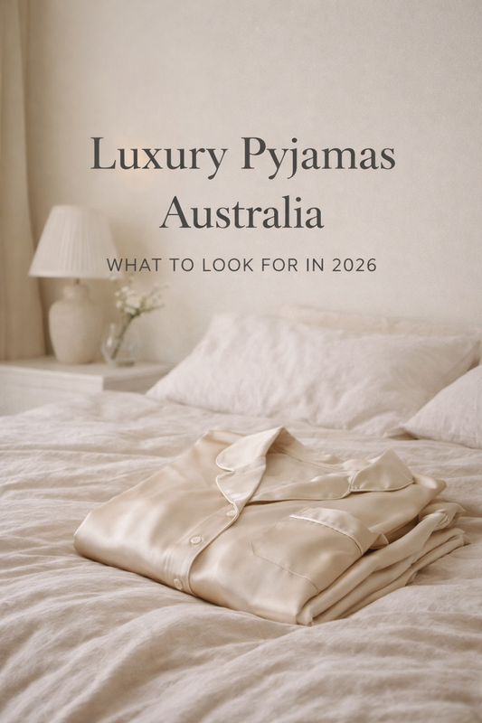 Luxury satin pyjamas folded on a soft neutral bed in a calm bedroom setting, representing premium sleepwear in Australia