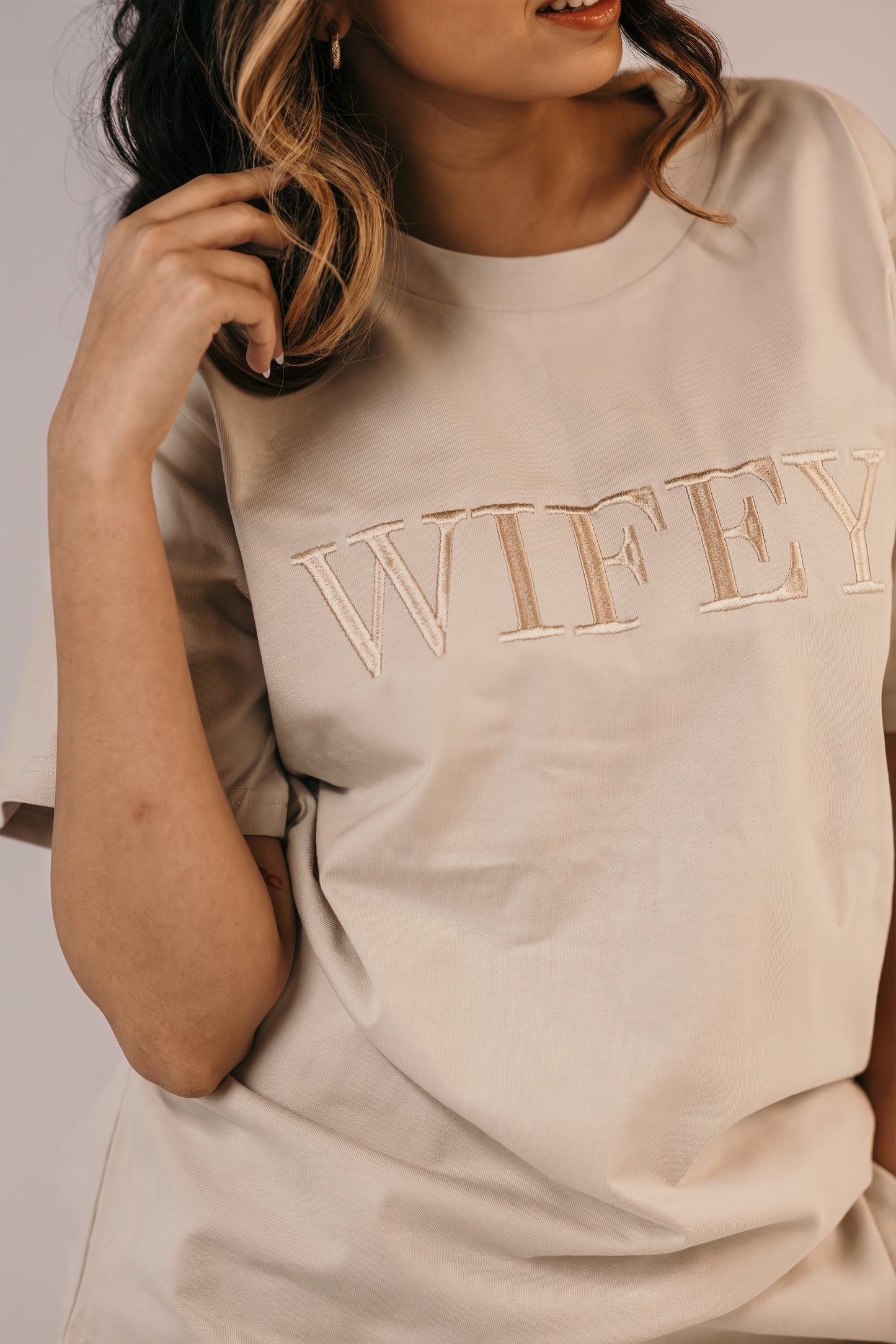 Wifey tee close up champagne embroidery detail premium cotton