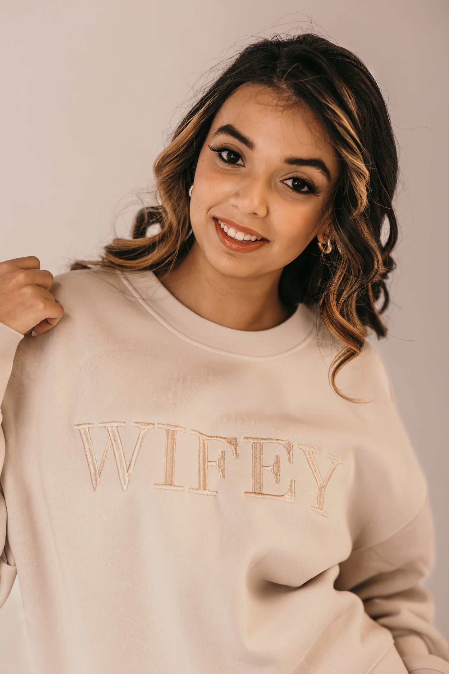 Bride wearing wifey crew sweater bone colour champagne embroidery Missosca Australia