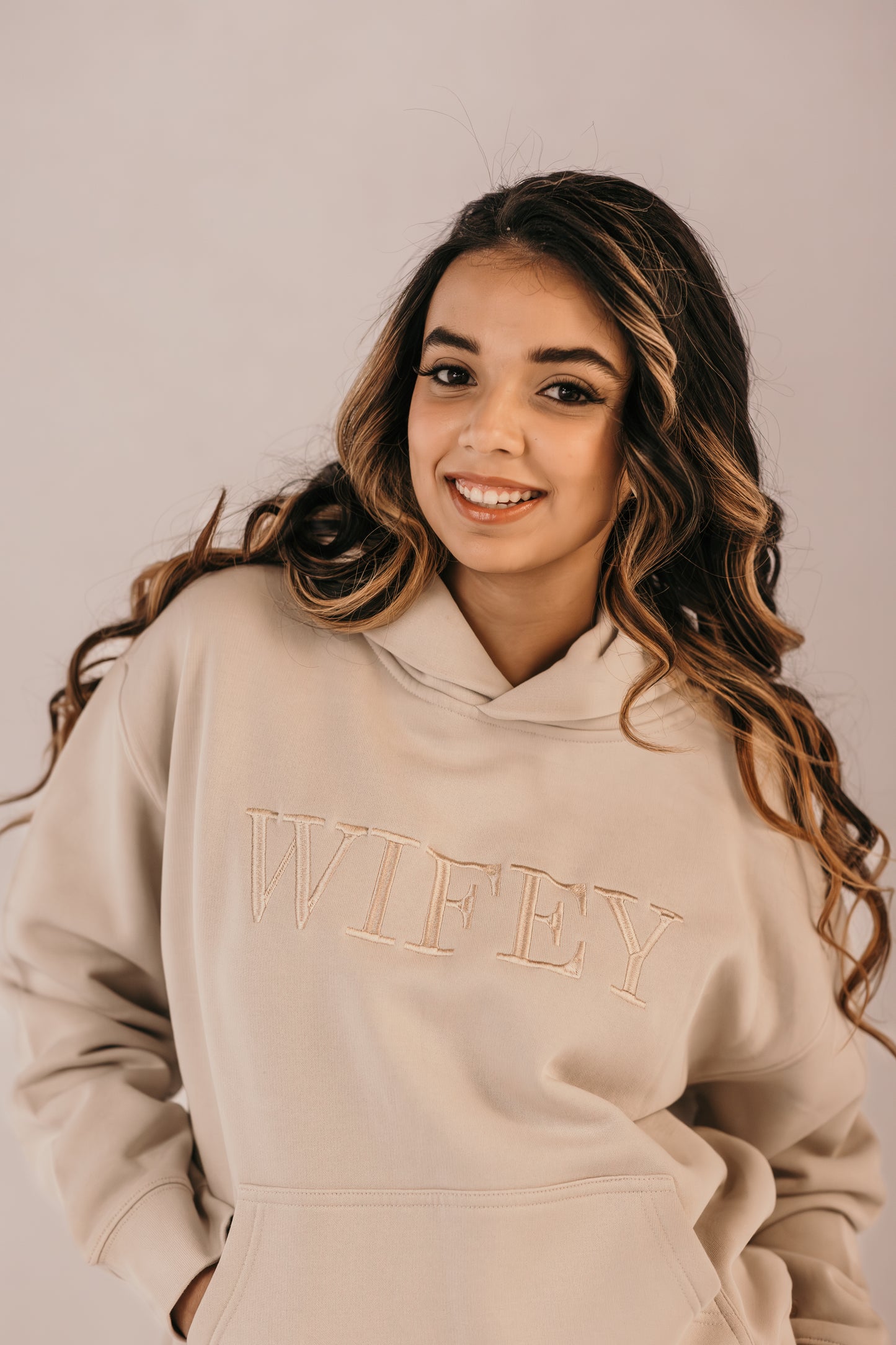 Close up wifey embroidery champagne thread premium hoodie
