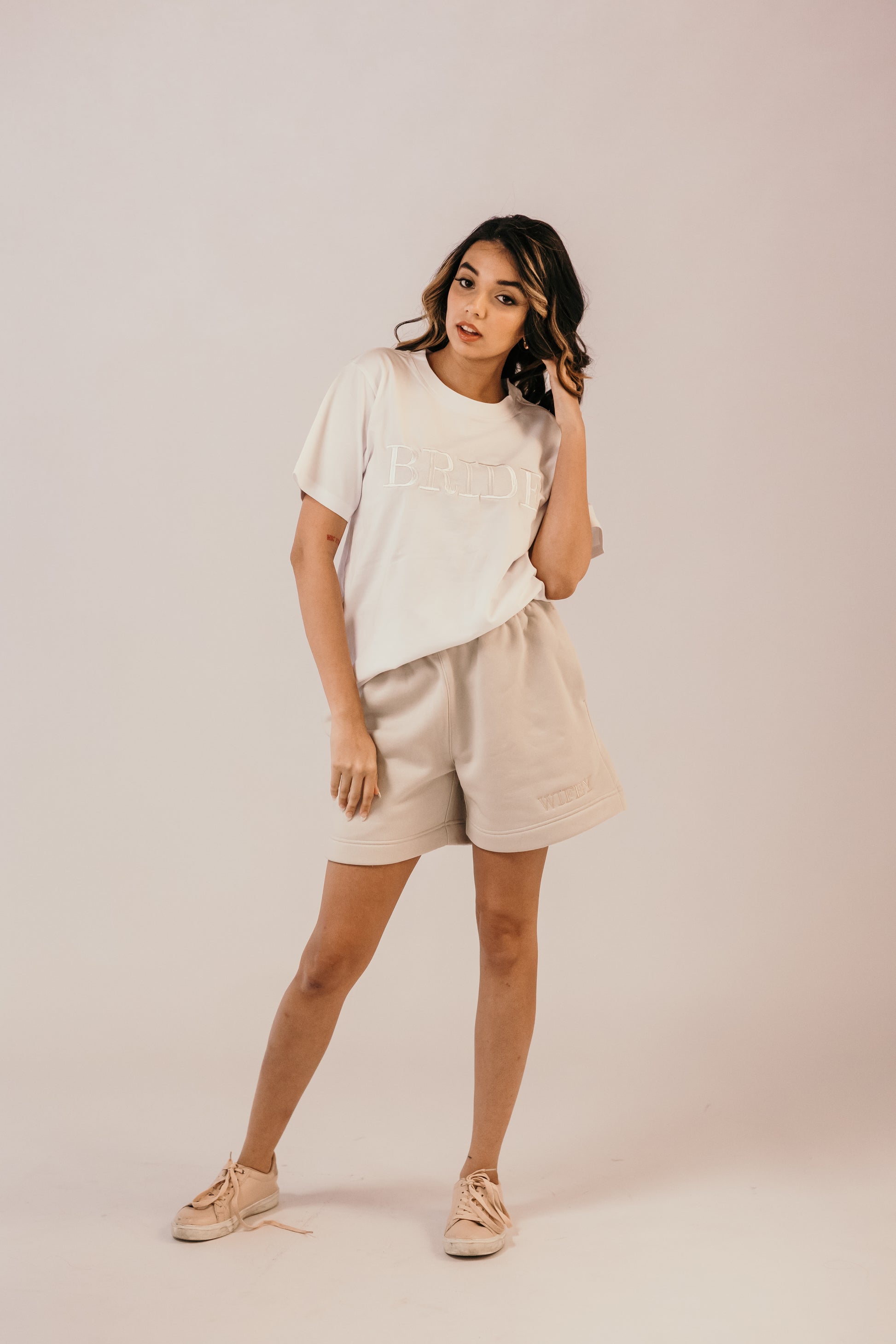 Bride wearing white t-shirt bridal loungewear Missosca Australia