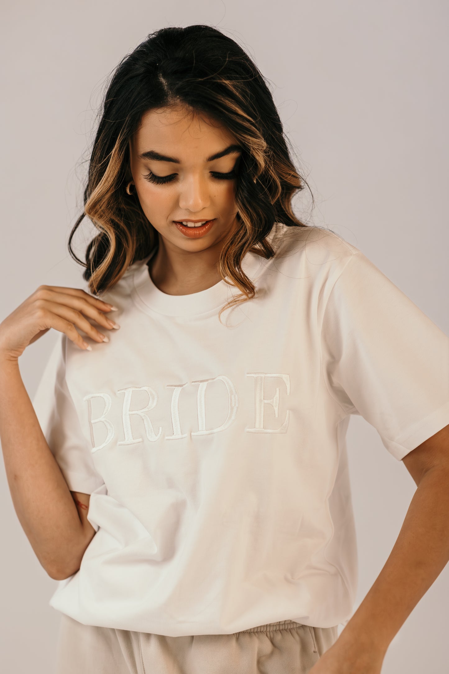 White bridal t-shirt close up tonal embroidery detail