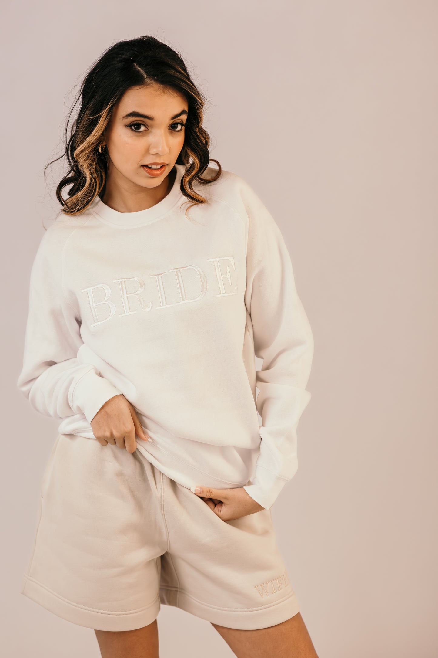 Bridal loungewear set white crew sweater and shorts matching outfit