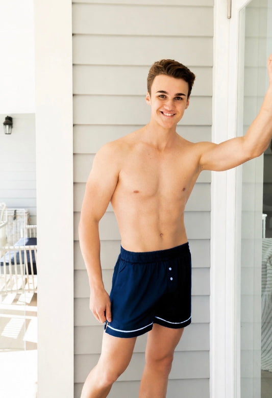 Man wearing Men’s blue boxer shorts