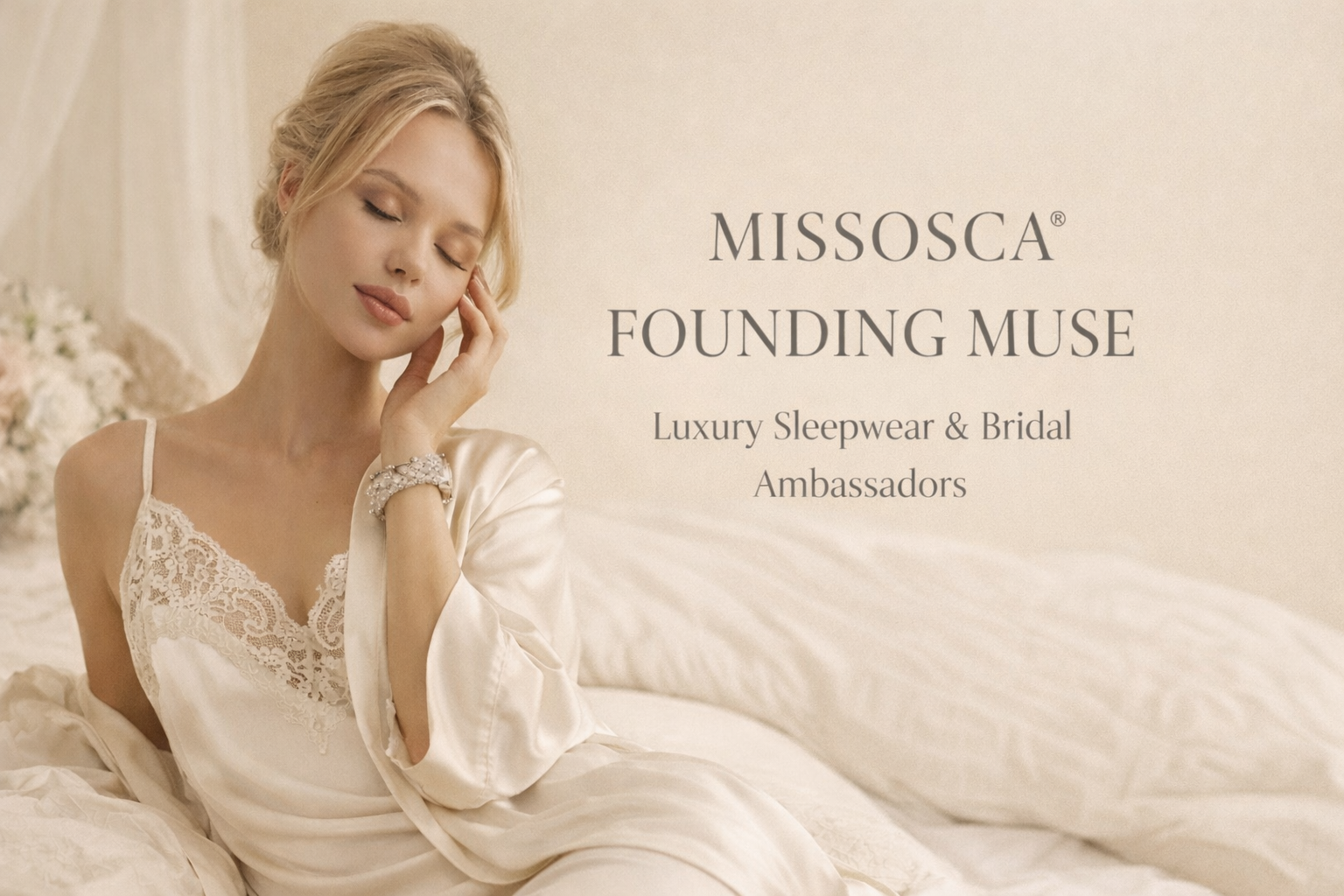Missosca® luxury sleepwear brand ambassador banner featuring bridal-inspired satin and lace nightwear in a soft neutral bedroom setting.
