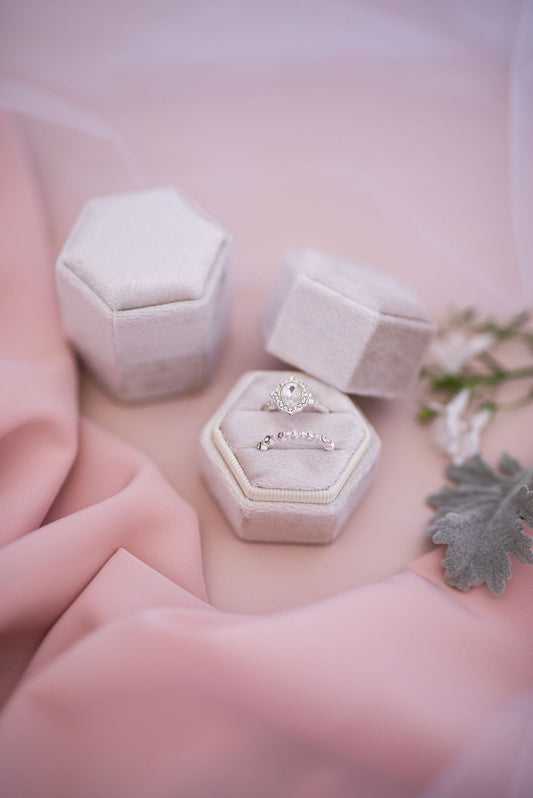 Pearl velvet hexagon ring box ivory luxury wedding ring holder