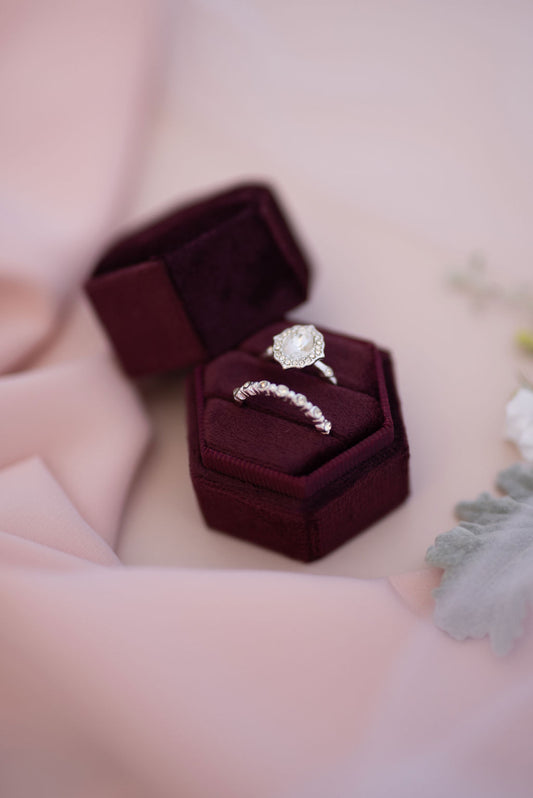 Burgundy Velvet Hexagon Ring Box – Luxury Wedding Ring Holder