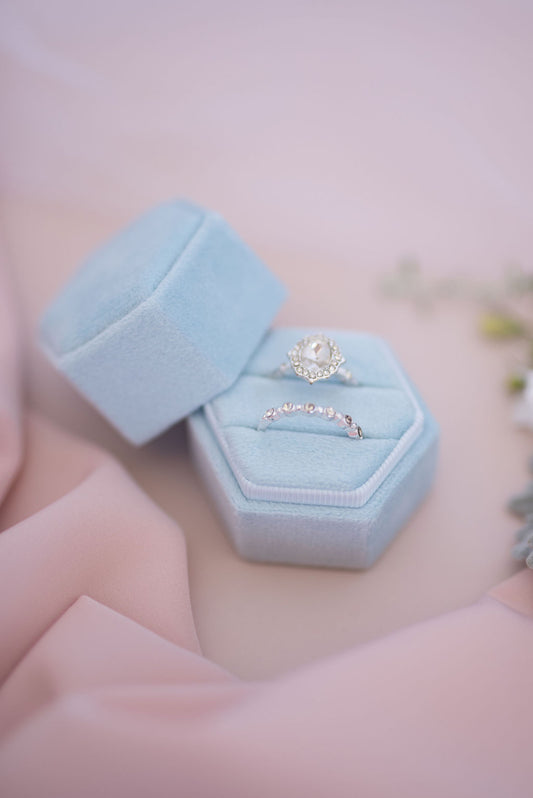 Sky blue velvet hexagon ring box luxury wedding ring holder
