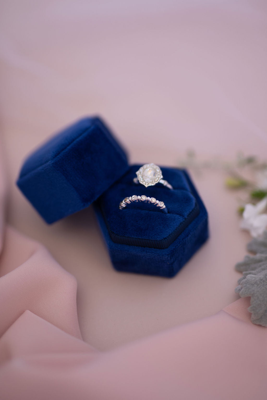 Deep blue velvet hexagon ring box luxury wedding ring holder