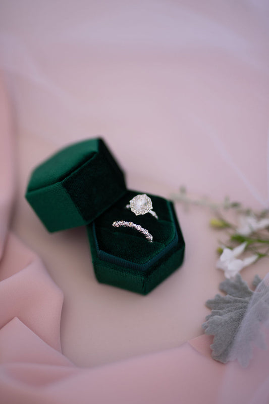 Forest green velvet hexagon ring box luxury wedding ring holder