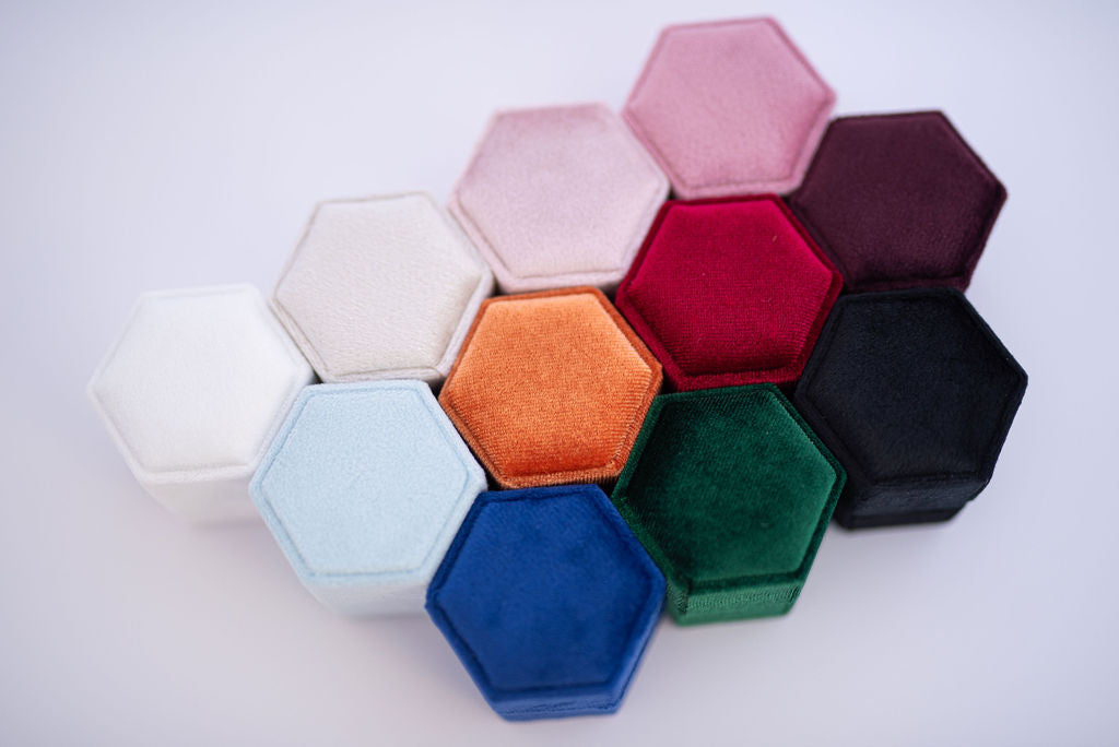 Velvet hexagon ring boxes available in multiple colours wedding ring holders