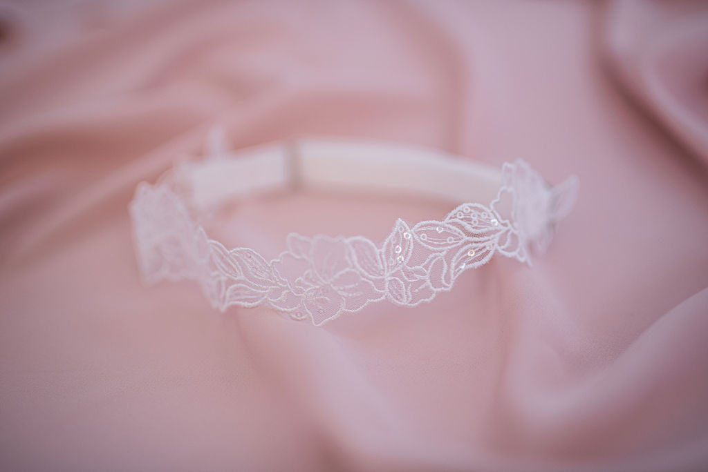 Close-up texture of lace bridal garter with fine sequin sparkle.