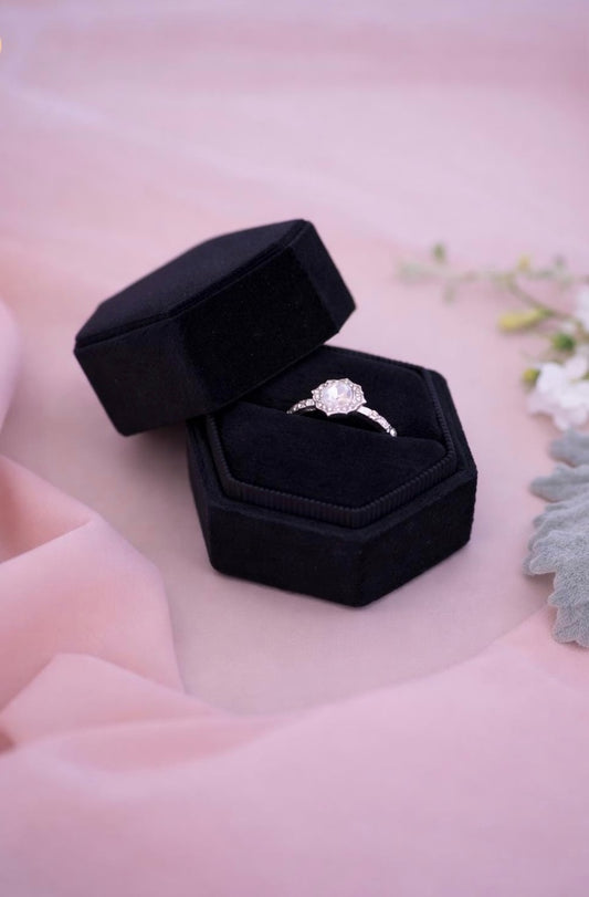 Black Velvet Hexagon Ring Box – Luxury Wedding Ring Holder