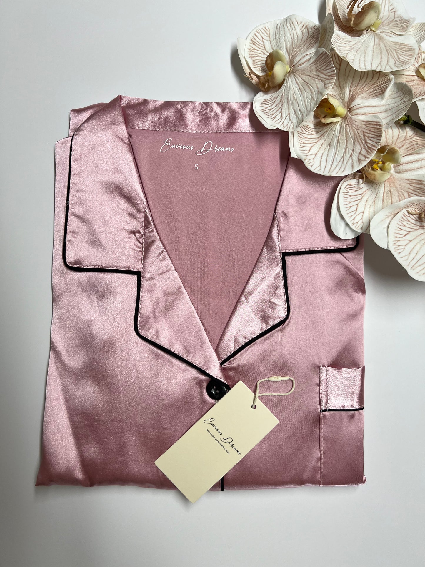 Adult Blush Pink Satin Pyjama Set – Contrast Trim