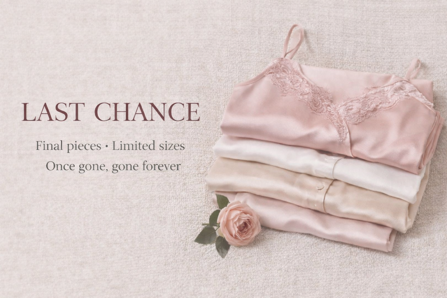 Elegant “Last Chance” banner featuring folded blush and champagne satin sleepwear with lace trim on a soft neutral background, promoting final pieces with limited sizes.