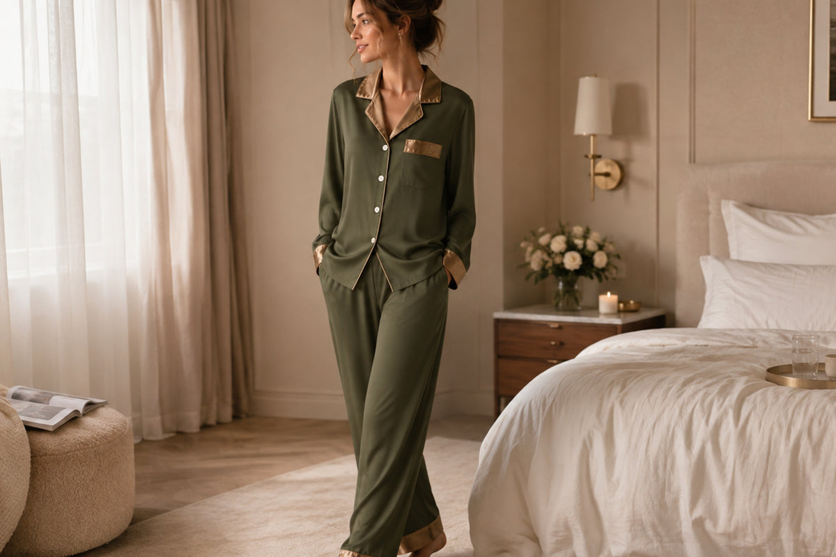 MISSOSCA olive TENCEL™ Modal pyjama set with bronze trim, styled in a warm luxury bedroom setting.