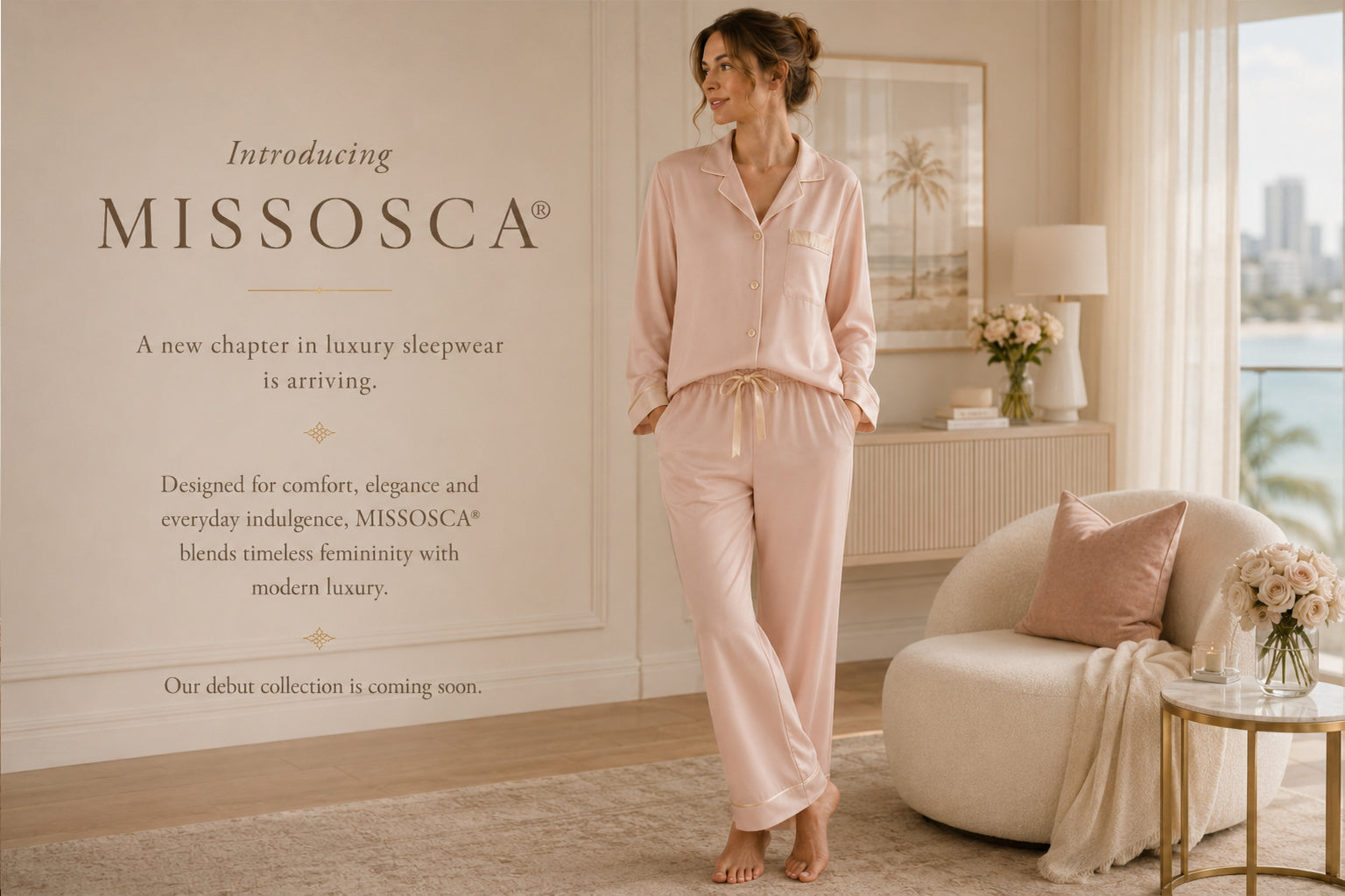 MISSOSCA blush pink luxury pyjamas with champagne trim in an elegant neutral room.