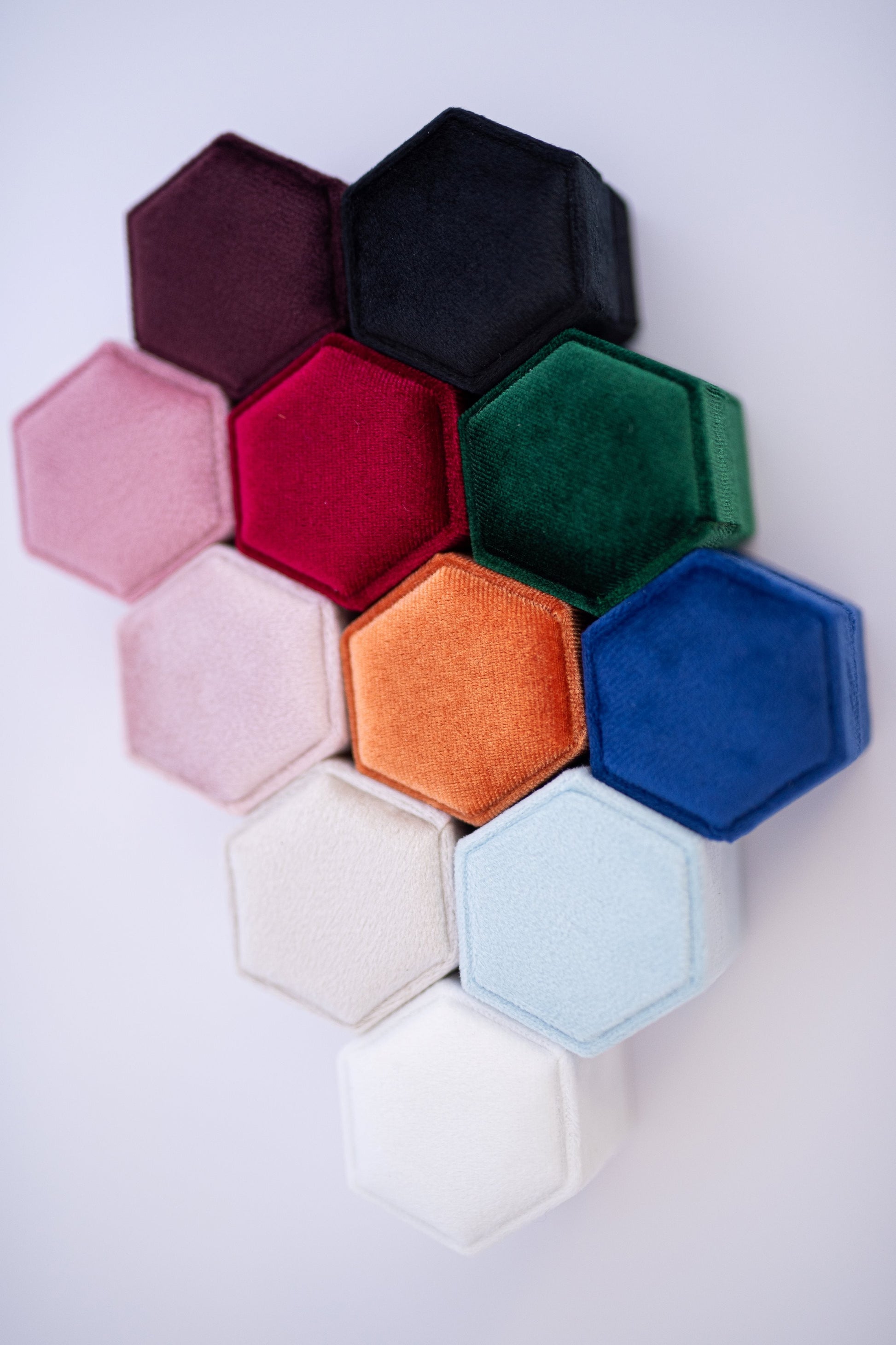 Velvet hexagon ring boxes in multiple colours luxury ring holders