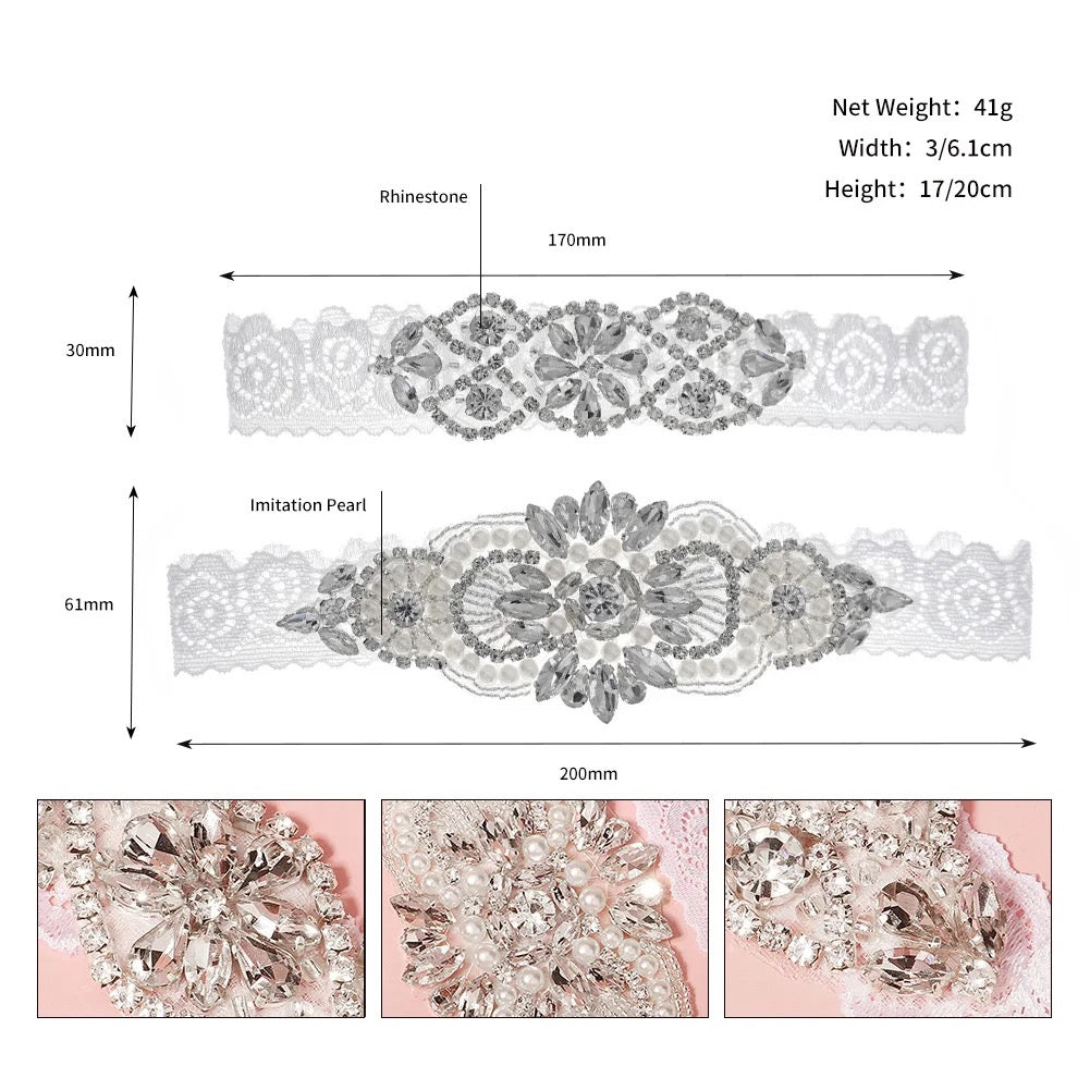 Bridal garter design layout showing pearl and diamante lace detailing and full set design.