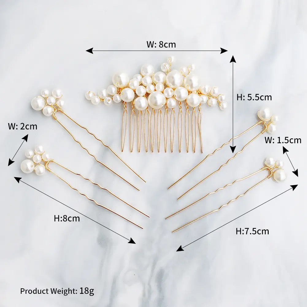 Top view of pearl hair comb set arranged neatly on display card