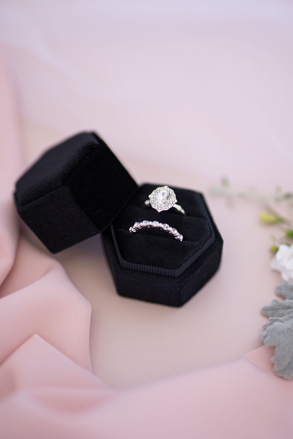 Black velvet hexagon ring box luxury wedding ring holder
