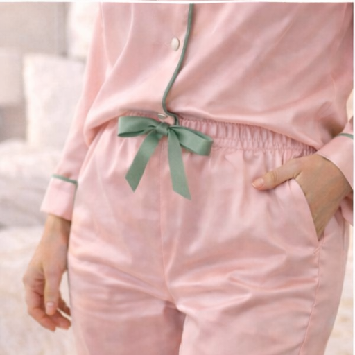 Blush pink TENCEL™ pyjama trousers with elastic waist and sage satin ribbon tie – luxury women’s sleepwear