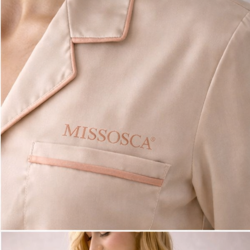 Close-up of champagne beige TENCEL™ pyjama shirt with blush piping and embroidered MISSOSCA® logo