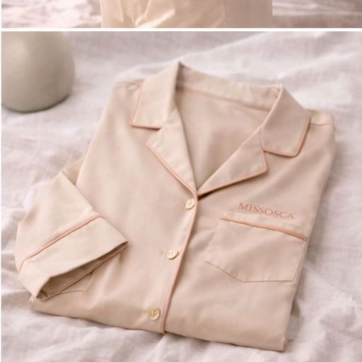 Folded champagne beige TENCEL™ luxury pyjama set with blush piping detail