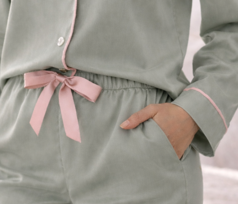 Close-up of blush satin ribbon waist tie on sage green TENCEL™ pyjama trousers