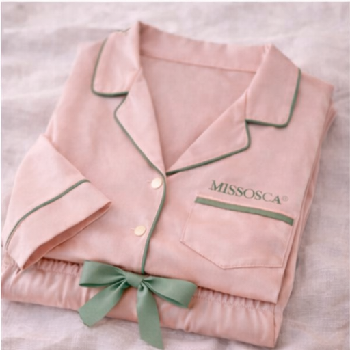 Folded blush pink TENCEL™ pyjama set with sage piping and ribbon tie – premium women’s sleepwear flat lay