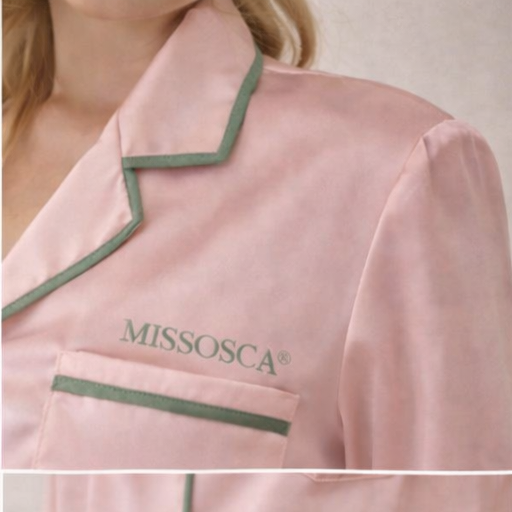 Blush pink TENCEL™ pyjama shirt with sage contrast piping and embroidered MISSOSCA® logo – luxury sleepwear detail