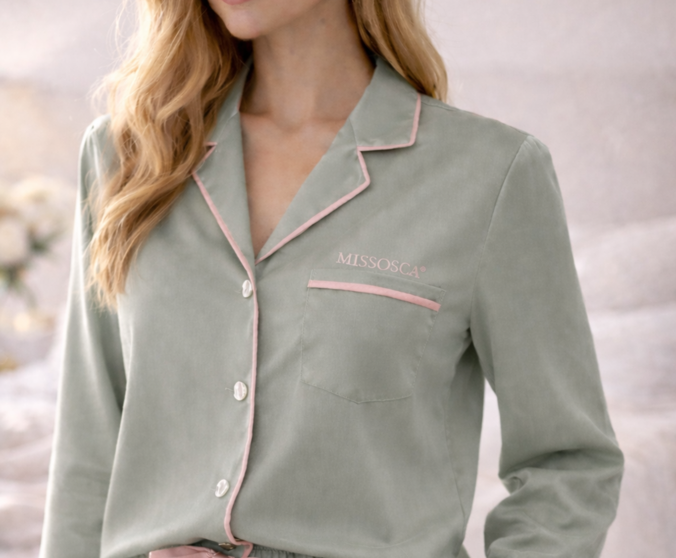 Sage green TENCEL™ pyjama shirt with blush piping and relaxed tailored silhouette