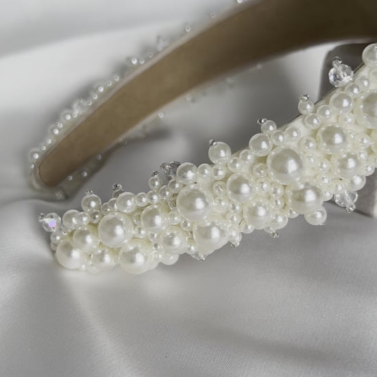 Textured pearl bridal hairband close-up showing craftsmanship and bead placement
