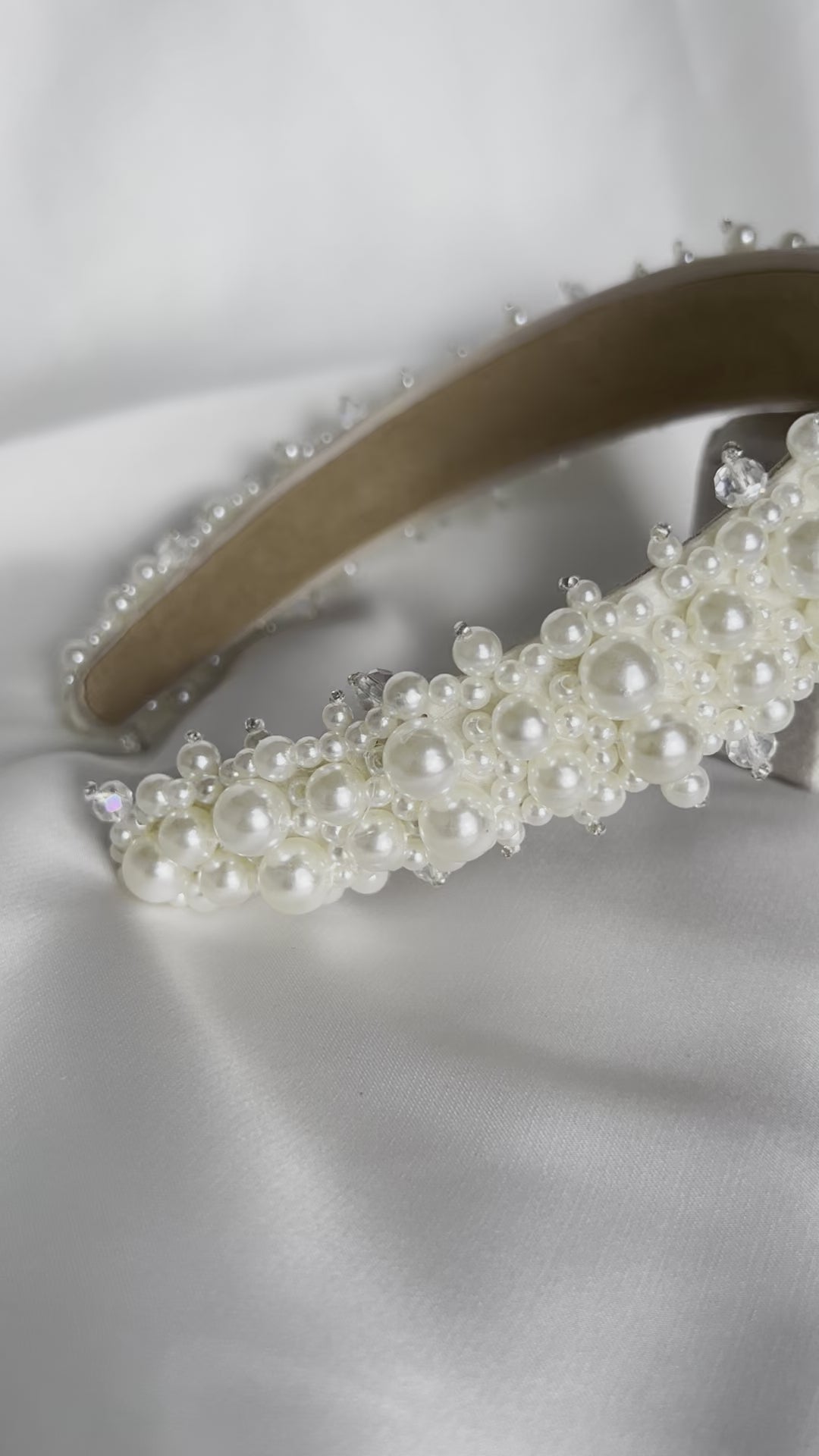 Textured pearl bridal hairband close-up showing craftsmanship and bead placement