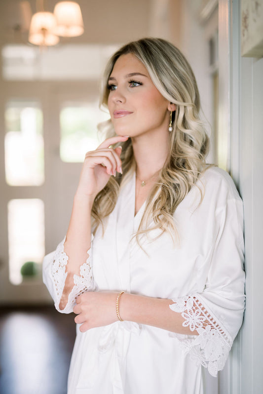 Ella satin bridal robe in soft ivory with lace trim, Envious Dreams by Missosca personalised women’s robe