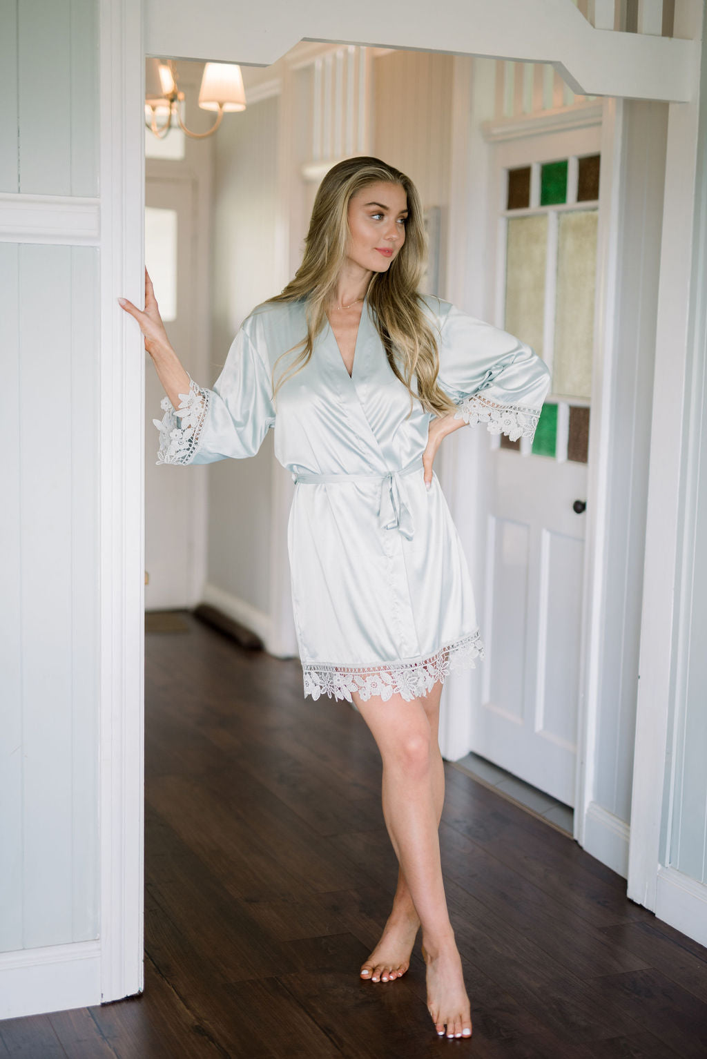 Full length Ella personalised satin bridal robe with waist tie, Envious Dreams by Missosca