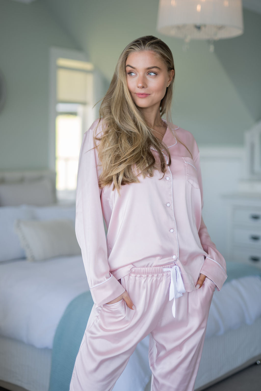 Pink satin sleepwear set with contrast piping detail
