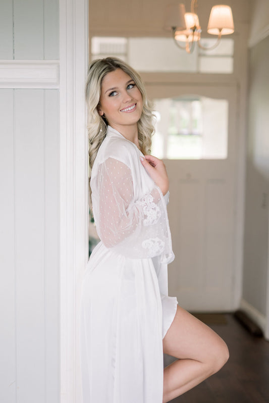 Ava full length satin bridal robe with lace sleeves, Envious Dreams by Missosca